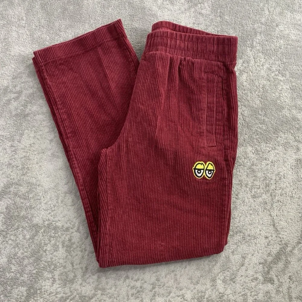 Krooked Skateboarding Pants Mens Small Maroon Corduroy Straight Leg Eyes Logo